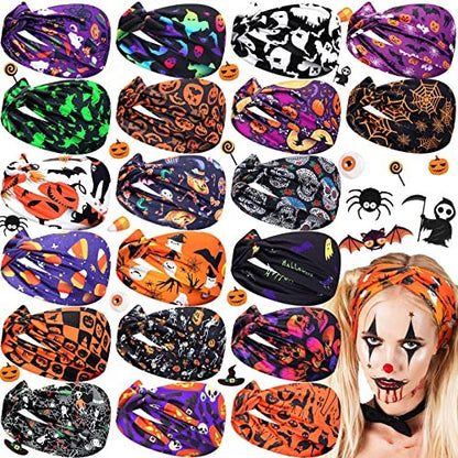 Hoteam 20 Pcs Halloween Headbands Bulk for Women – Skeleton, Ghost & Pumpkin Elastic Non-Slip Hair Accessories