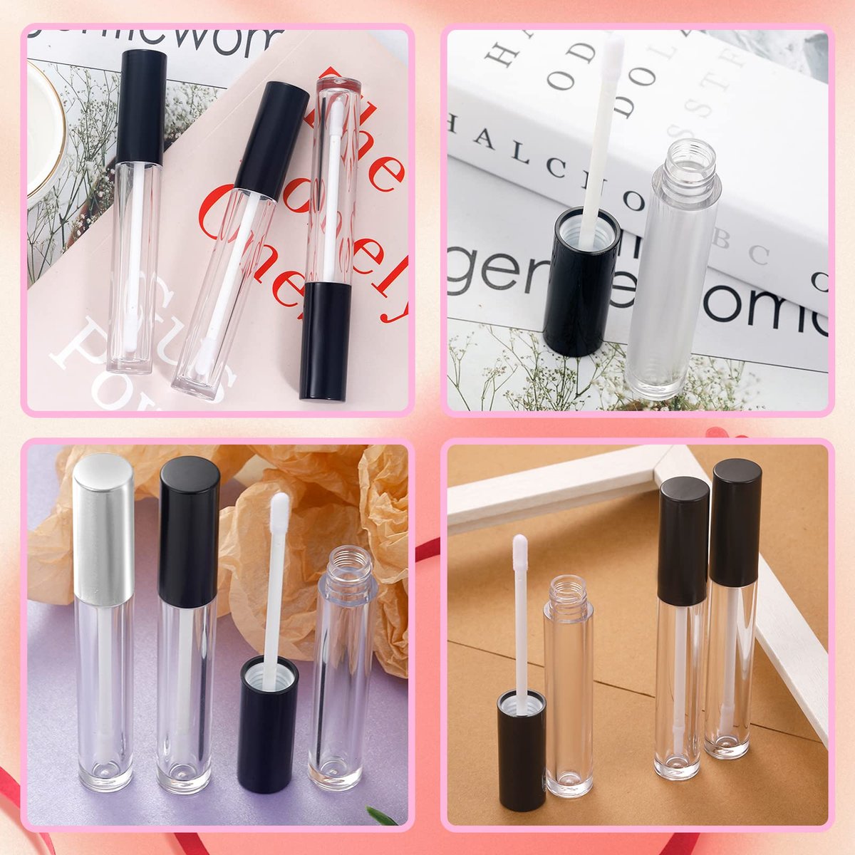 Bercoor 30 Pack Empty Lip Gloss Tubes - 10ml Clear Plastic Refillable Lip Balm Bottles with Rubber Stoppers for DIY Makeup, Cosmetics - Black, Silver, Pink Avelisse