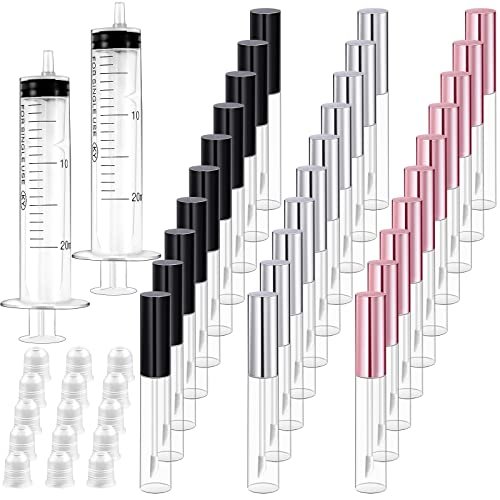 Bercoor 30 Pack Empty Lip Gloss Tubes - 10ml Clear Plastic Refillable Lip Balm Bottles with Rubber Stoppers for DIY Makeup, Cosmetics - Black, Silver, Pink Avelisse