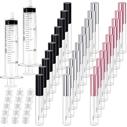 Bercoor 30 Pack Empty Lip Gloss Tubes - 10ml Clear Plastic Refillable Lip Balm Bottles with Rubber Stoppers for DIY Makeup, Cosmetics - Black, Silver, Pink Avelisse