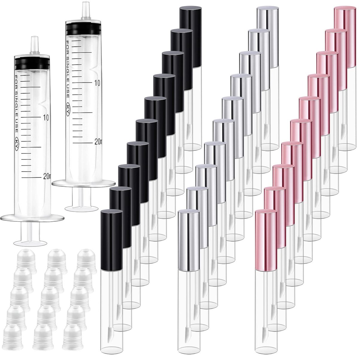 Bercoor 30 Pack Empty Lip Gloss Tubes - 10ml Clear Plastic Refillable Lip Balm Bottles with Rubber Stoppers for DIY Makeup, Cosmetics - Black, Silver, Pink Avelisse