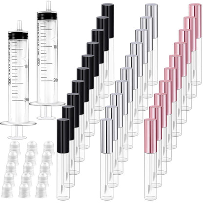 Bercoor 30 Pack Empty Lip Gloss Tubes - 10ml Clear Plastic Refillable Lip Balm Bottles with Rubber Stoppers for DIY Makeup, Cosmetics - Black, Silver, Pink Avelisse