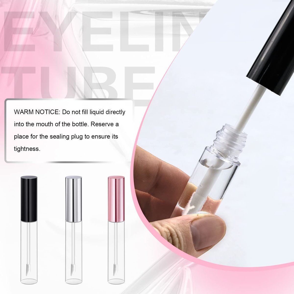 Bercoor 30 Pack Empty Lip Gloss Tubes - 10ml Clear Plastic Refillable Lip Balm Bottles with Rubber Stoppers for DIY Makeup, Cosmetics - Black, Silver, Pink Avelisse