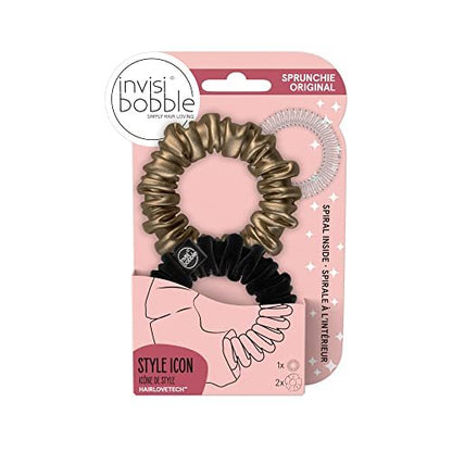 invisibobble Sprunchie Slim Spiral Hair Ring – True Black & True Golden (2 Pack) – Gentle Scrunchie Bracelet for Women & Teens, Strong Grip for Thick Hair Avelisse