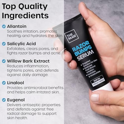 The Man Razor Bumps Serum - Ingrown Hair Treatment for Men - Razor Bump Treatment for Men - Face & Body After Shave & Razor Burn Treatment - Metal Roll On Soothes Skin & Calms Irritation (3.5 fl oz) Avelisse