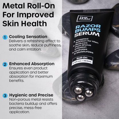 The Man Razor Bumps Serum - Ingrown Hair Treatment for Men - Razor Bump Treatment for Men - Face & Body After Shave & Razor Burn Treatment - Metal Roll On Soothes Skin & Calms Irritation (3.5 fl oz) Avelisse