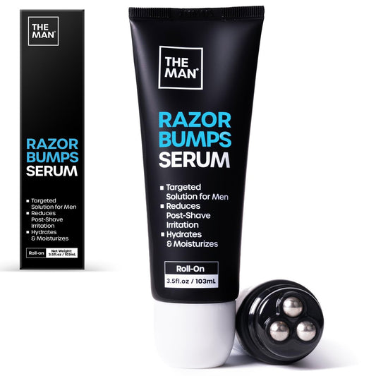The Man Razor Bumps Serum - Ingrown Hair Treatment for Men - Razor Bump Treatment for Men - Face & Body After Shave & Razor Burn Treatment - Metal Roll On Soothes Skin & Calms Irritation (3.5 fl oz) Avelisse