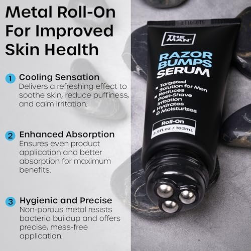 The Man Razor Bumps Serum - Ingrown Hair Treatment for Men - Razor Bump Treatment for Men - Face & Body After Shave & Razor Burn Treatment - Metal Roll On Soothes Skin & Calms Irritation (3.5 fl oz) Avelisse