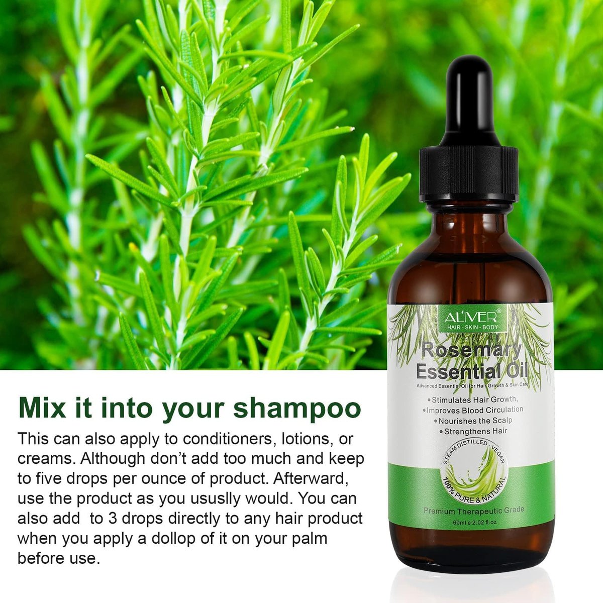 Pure Natural Rosemary Essential Oil for Hair Growth - 2 Pack, Scalp Oil for Dry Damaged Hair (2.02 Fl Oz Each) - görsel 7