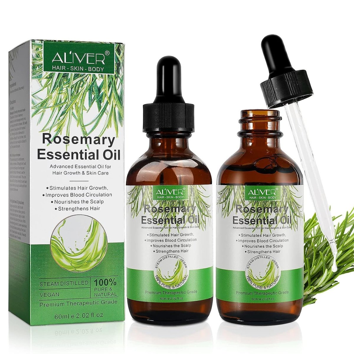 Pure Natural Rosemary Essential Oil for Hair Growth - 2 Pack, Scalp Oil for Dry Damaged Hair (2.02 Fl Oz Each) - görsel 1