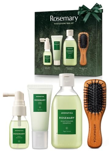 AROMATICA Rosemary Scalp Scaling Trial Kit - Travel Size Korean Hair Care Kit for Women with Mini Wooden Brush, Gentle Exfoliating Scalp Care for Hair Growth, Rosemary Oil & Vegan Formula Avelisse