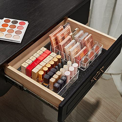 WECHENG Clear Acrylic Makeup Organizer for Eyeshadow Palette and Lipstick – 7 Section Divided Cosmetics Storage for Vanity Drawer or Countertop (7.48" x 6.22" x 1.77")