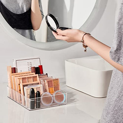 WECHENG Clear Acrylic Makeup Organizer for Eyeshadow Palette and Lipstick – 7 Section Divided Cosmetics Storage for Vanity Drawer or Countertop (7.48" x 6.22" x 1.77")
