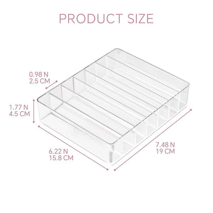 WECHENG Clear Acrylic Makeup Organizer for Eyeshadow Palette and Lipstick – 7 Section Divided Cosmetics Storage for Vanity Drawer or Countertop (7.48" x 6.22" x 1.77")
