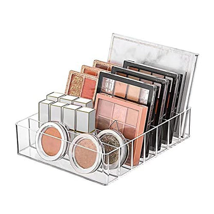 WECHENG Clear Acrylic Makeup Organizer for Eyeshadow Palette and Lipstick – 7 Section Divided Cosmetics Storage for Vanity Drawer or Countertop (7.48" x 6.22" x 1.77")