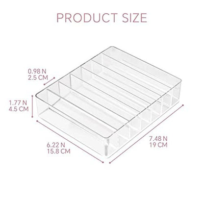 WECHENG Clear Acrylic Makeup Organizer for Eyeshadow Palette and Lipstick – 7 Section Divided Cosmetics Storage for Vanity Drawer or Countertop (7.48" x 6.22" x 1.77")