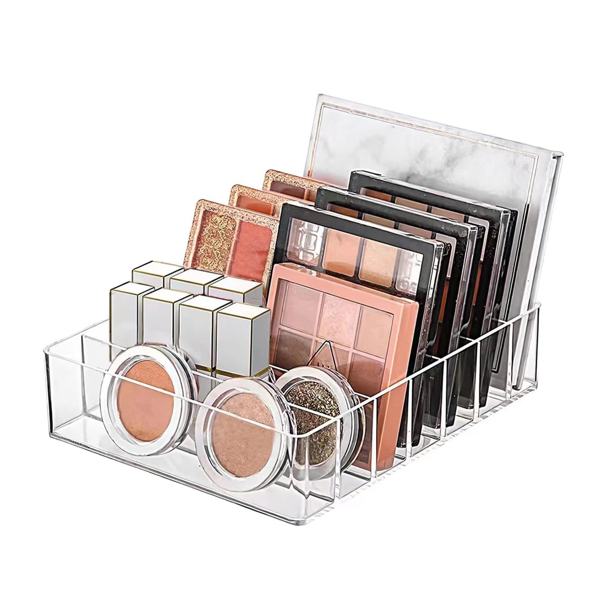 WECHENG Clear Acrylic Makeup Organizer for Eyeshadow Palette and Lipstick – 7 Section Divided Cosmetics Storage for Vanity Drawer or Countertop (7.48" x 6.22" x 1.77") - görsel 1