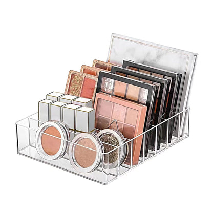 WECHENG Clear Acrylic Makeup Organizer for Eyeshadow Palette and Lipstick – 7 Section Divided Cosmetics Storage for Vanity Drawer or Countertop (7.48" x 6.22" x 1.77")