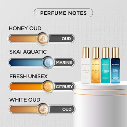 Bella Vita Luxury Unisex Perfume Gift Set – 4 x 80ml | Honey Oud, White Oud, Skai, Fresh | Perfume for Men and Women Avelisse