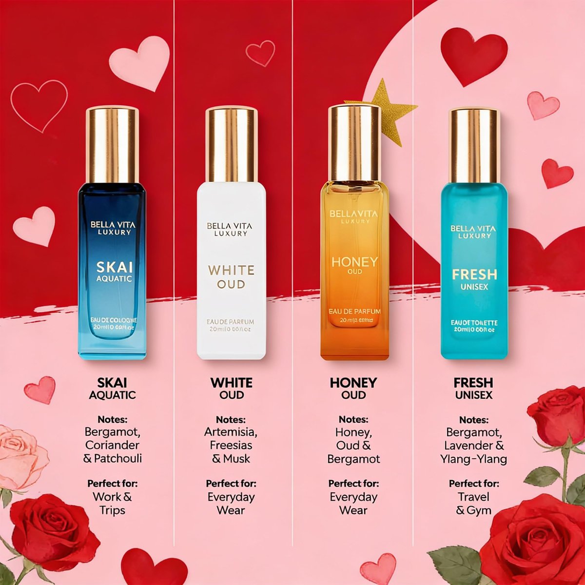 Bella Vita Luxury Unisex Perfume Gift Set – 4 x 80ml | Honey Oud, White Oud, Skai, Fresh | Perfume for Men and Women Avelisse