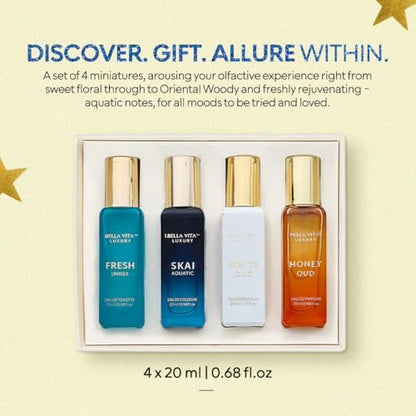 Bella Vita Luxury Unisex Perfume Gift Set – 4 x 80ml | Honey Oud, White Oud, Skai, Fresh | Perfume for Men and Women Avelisse