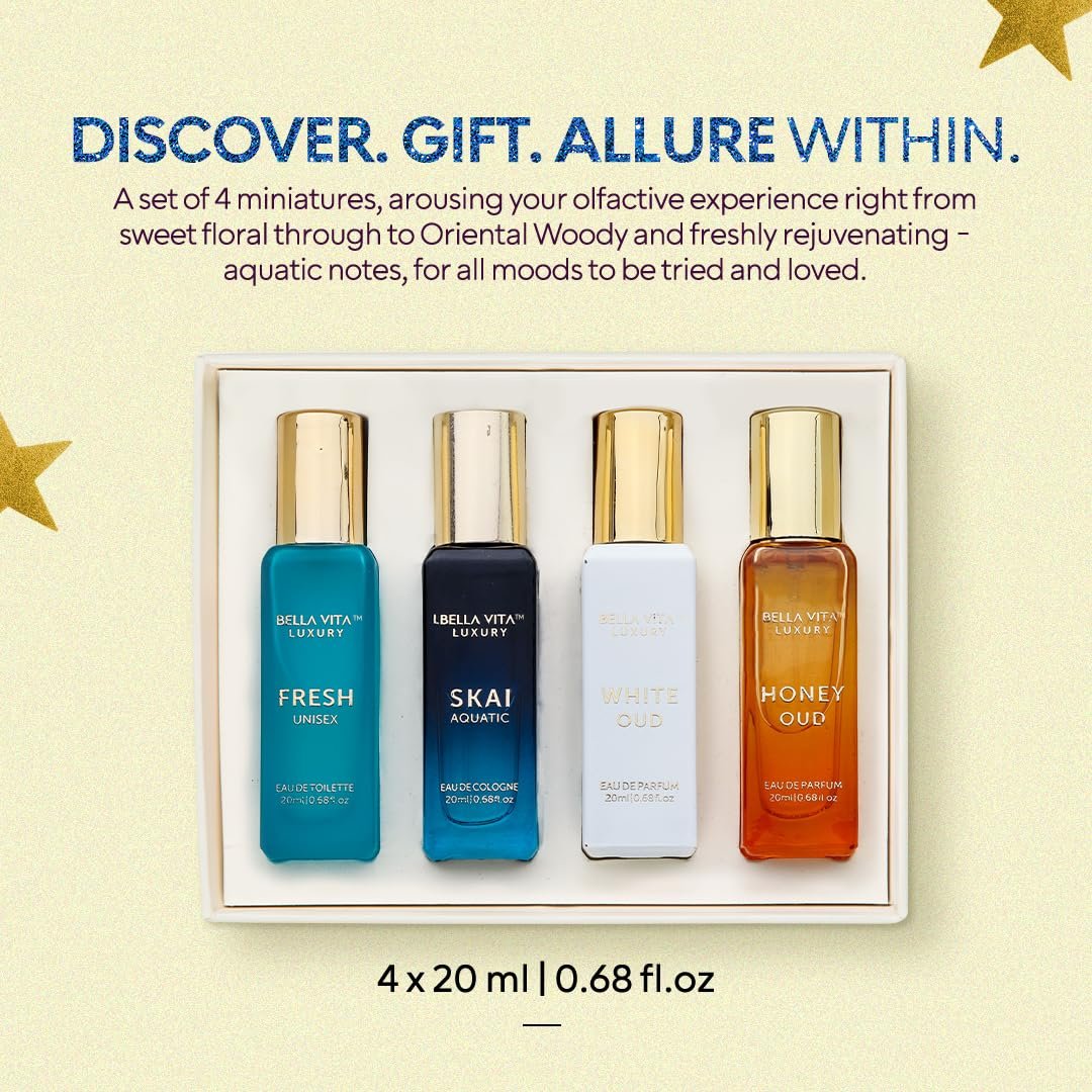 Bella Vita Luxury Unisex Perfume Gift Set – 4 x 80ml | Honey Oud, White Oud, Skai, Fresh | Perfume for Men and Women Avelisse