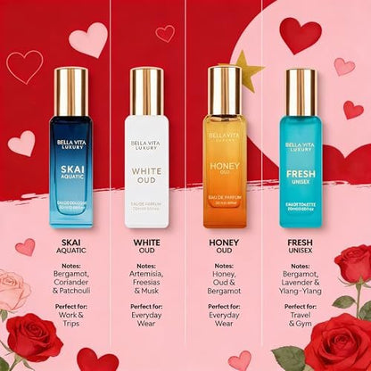 Bella Vita Luxury Unisex Perfume Gift Set – 4 x 80ml | Honey Oud, White Oud, Skai, Fresh | Perfume for Men and Women Avelisse