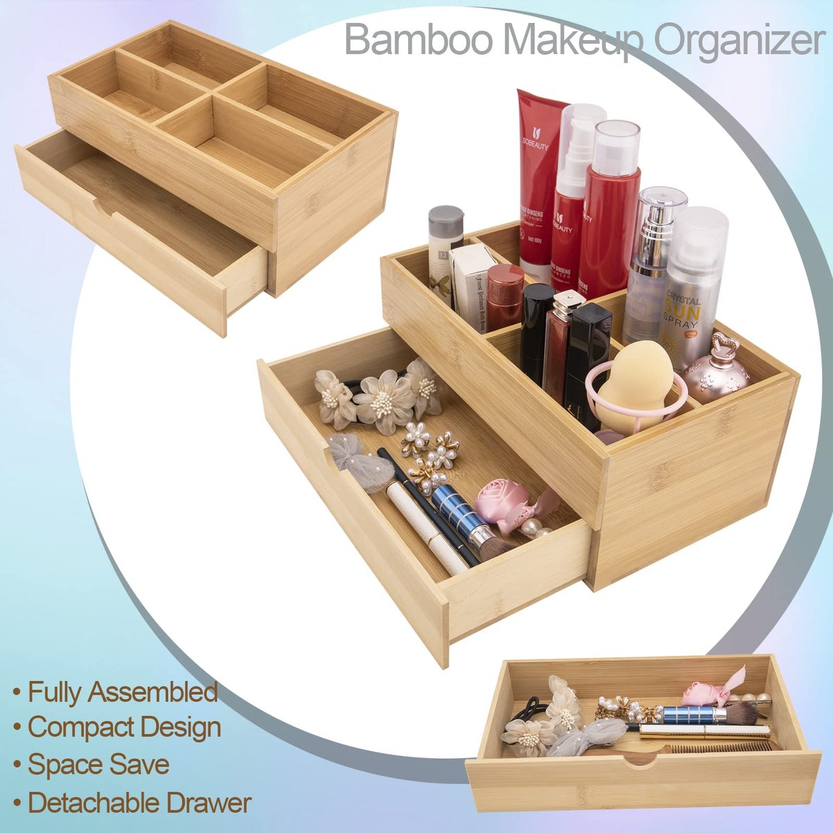 BOOTOP PIN Bamboo Makeup Organizer with Drawers – Countertop Skincare Storage for Dresser & Bathroom - görsel 5