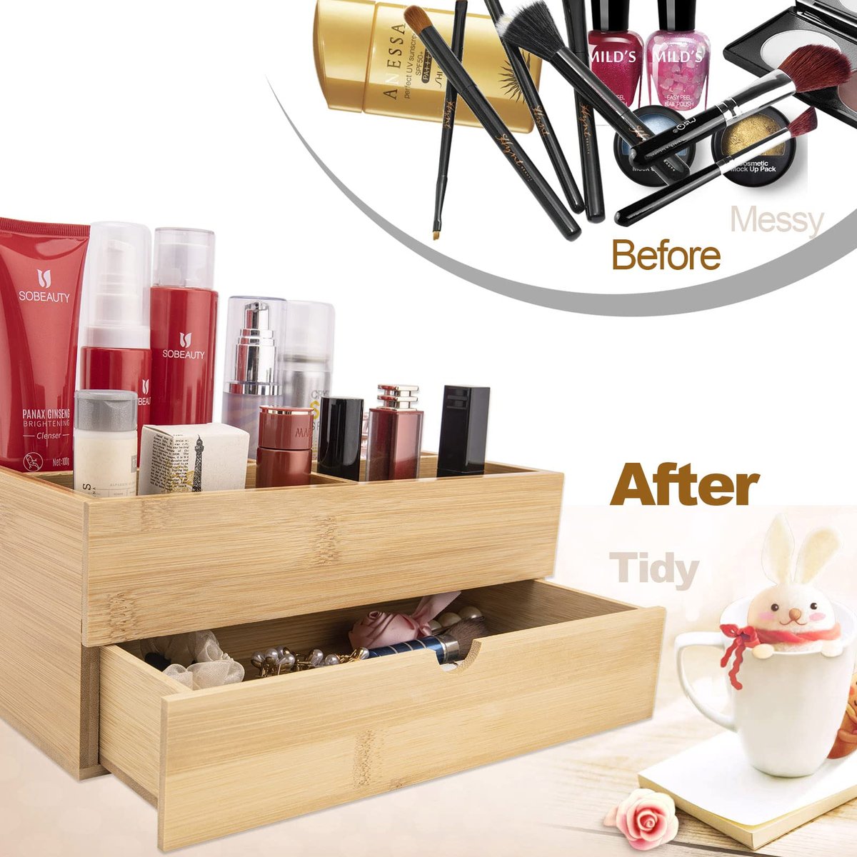 BOOTOP PIN Bamboo Makeup Organizer with Drawers – Countertop Skincare Storage for Dresser & Bathroom - görsel 11