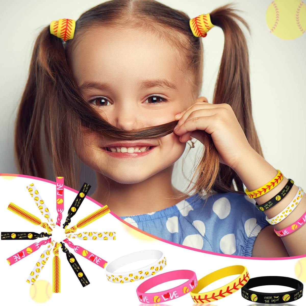 Dingion 48 Piece Softball Accessories Set – Silicone Bracelets & Hair Ties for Team Spirit Avelisse