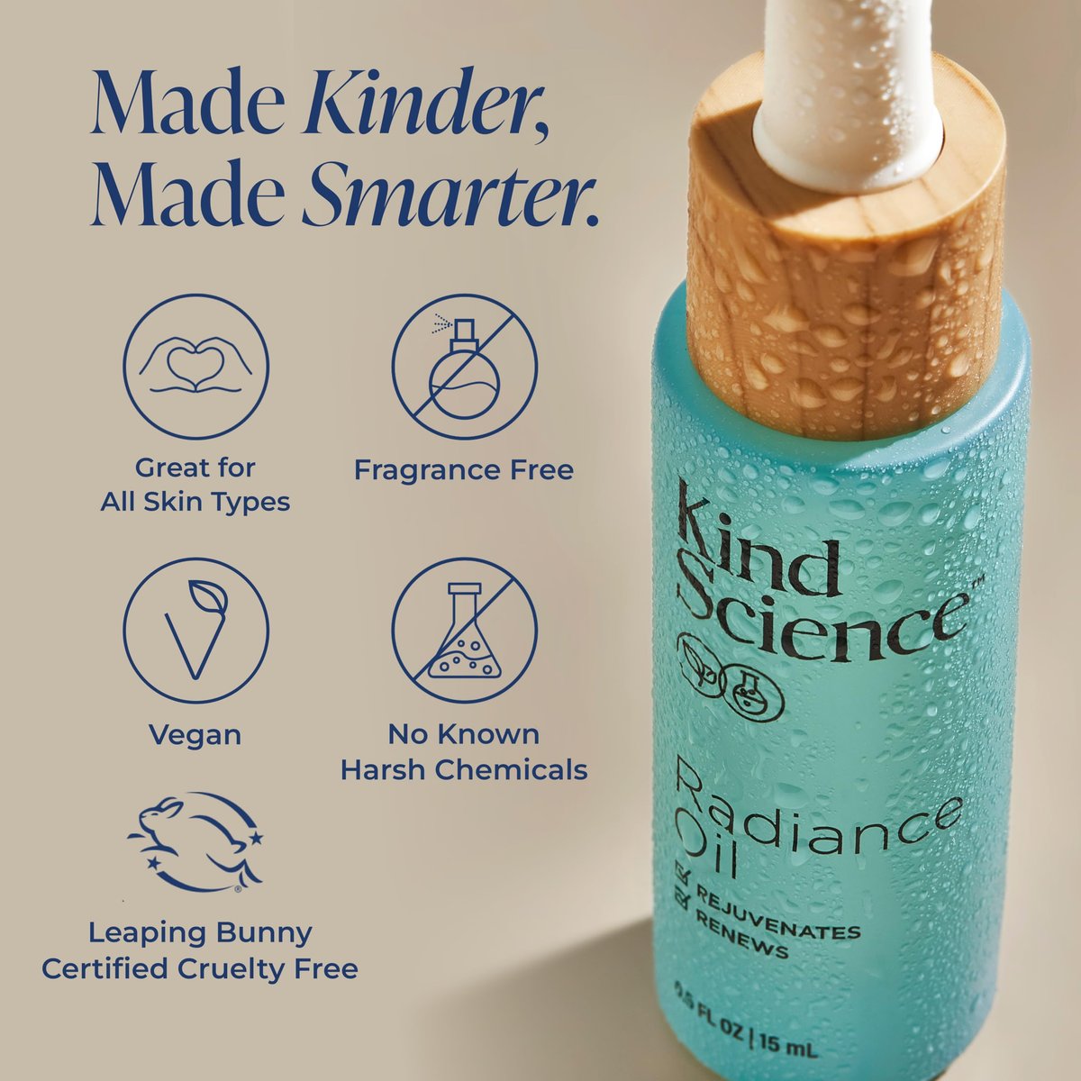 Kind Science Radiance Face Oil – Hydrating with Vitamin E, C & A, Bakuchiol, Jojoba & Moringa Oil – Anti-Aging for a Fresh, Dewy Look – Vegan, Paraben Free, Cruelty Free, 0.5 fl oz Avelisse