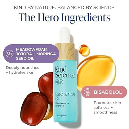 Kind Science Radiance Face Oil – Hydrating with Vitamin E, C & A, Bakuchiol, Jojoba & Moringa Oil – Anti-Aging for a Fresh, Dewy Look – Vegan, Paraben Free, Cruelty Free, 0.5 fl oz Avelisse