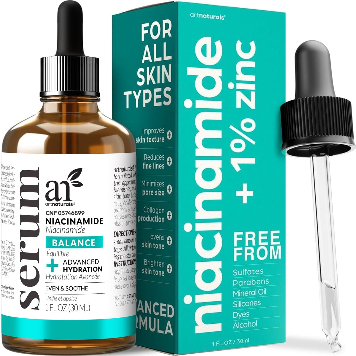 Artnaturals Niacinamide Face Serum 10% with Zinc PCA & Vitamin B3 - Pore Reducer, Mineral Blemish Protection, 1 oz Avelisse