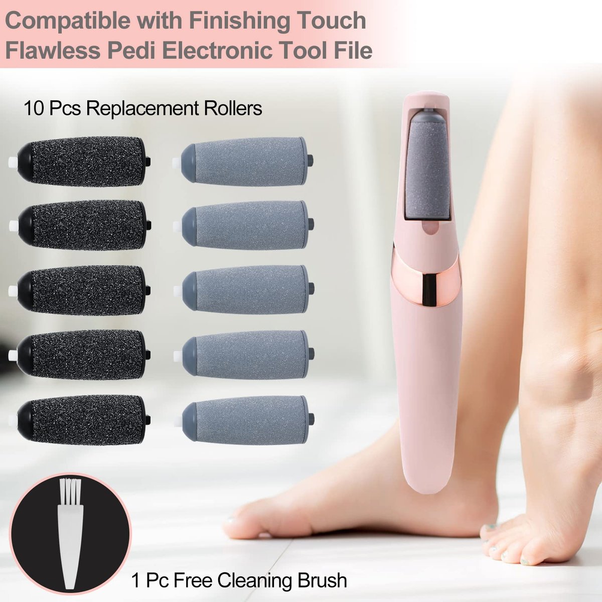 10 Pack Replacement Roller Refills Compatible with Finishing Touch Flawless Pedi Electric Tool File Include a Cleaning Brush (5 Coarse & 5 Fine Rollers) - görsel 5
