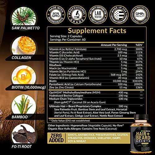 Hair + Beard Growth Vitamins for Men | Biotin 10,000mcg, Collagen, OptiMSM®, goMCT®, Saw Palmetto | 60-Day Supply | Regrow Stronger, Thicker, Healthier Hair & Stop Hair Loss Avelisse