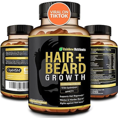 Hair + Beard Growth Vitamins for Men | Biotin 10,000mcg, Collagen, OptiMSM®, goMCT®, Saw Palmetto | 60-Day Supply | Regrow Stronger, Thicker, Healthier Hair & Stop Hair Loss Avelisse