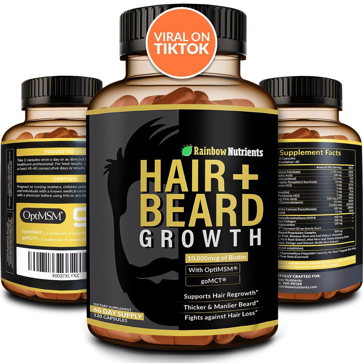 Hair + Beard Growth Vitamins for Men | Biotin 10,000mcg, Collagen, OptiMSM®, goMCT®, Saw Palmetto | 60-Day Supply | Regrow Stronger, Thicker, Healthier Hair & Stop Hair Loss Avelisse