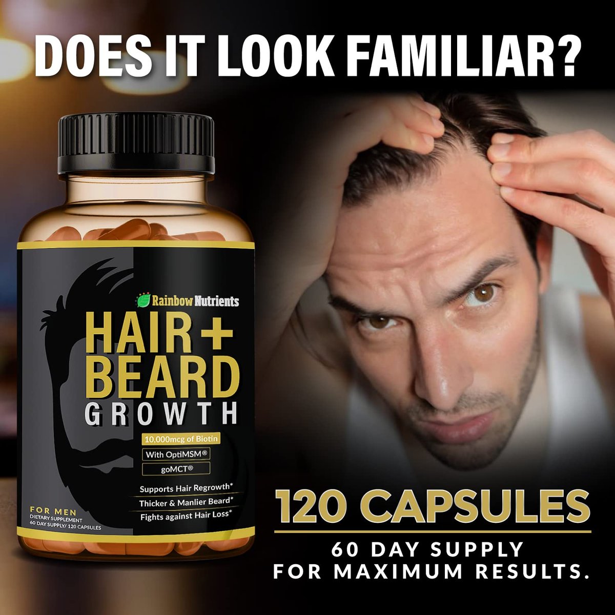 Hair + Beard Growth Vitamins for Men | Biotin 10,000mcg, Collagen, OptiMSM®, goMCT®, Saw Palmetto | 60-Day Supply | Regrow Stronger, Thicker, Healthier Hair & Stop Hair Loss Avelisse