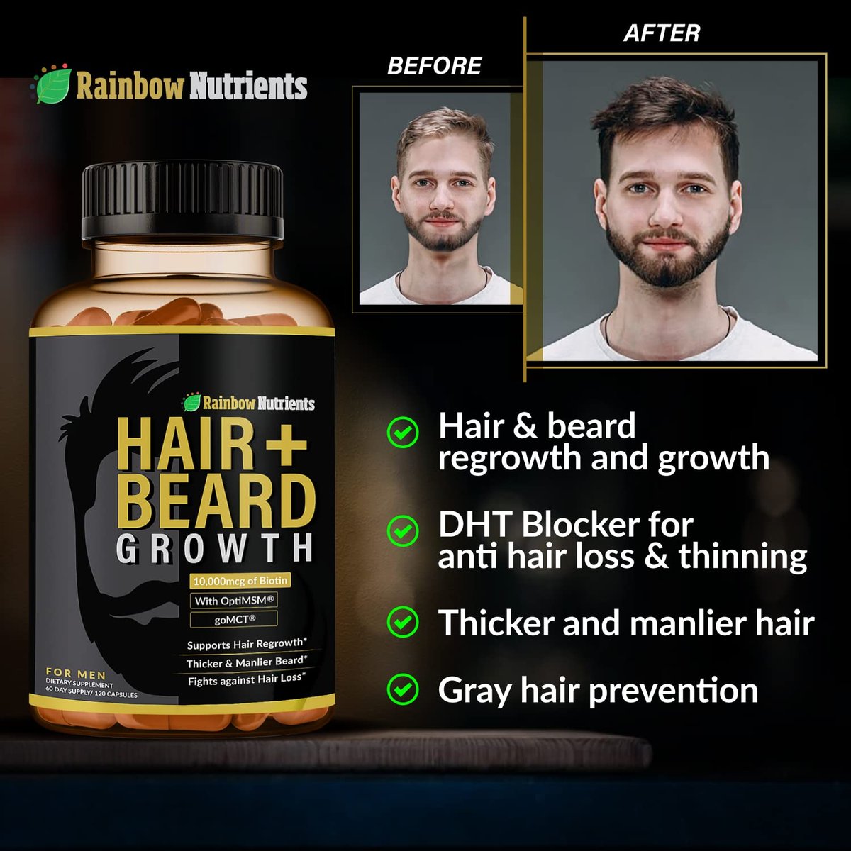 Hair + Beard Growth Vitamins for Men | Biotin 10,000mcg, Collagen, OptiMSM®, goMCT®, Saw Palmetto | 60-Day Supply | Regrow Stronger, Thicker, Healthier Hair & Stop Hair Loss Avelisse