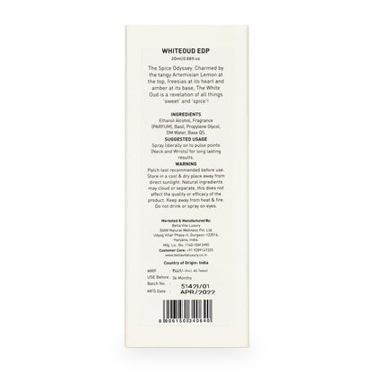 Bellavita Luxury WHITE OUD Eau de Parfum – 20 ml Travel Size Unisex Fragrance with Fruity, Lemon, Freesia & Tobacco Notes