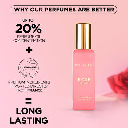 Bellavita Luxury ROSE Eau de Parfum - Travel Size Perfume for Women - Fresh Floral Peach, Jasmine, Ambery Musk - 20 ml (0.7 fl.oz.)