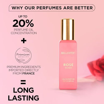Bellavita Luxury ROSE Eau de Parfum - Travel Size Perfume for Women - Fresh Floral Peach, Jasmine, Ambery Musk - 20 ml (0.7 fl.oz.)