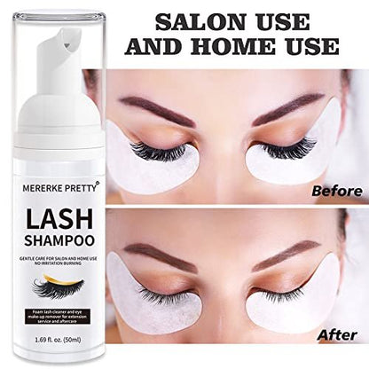 Gentle Eyelash Extension Cleanser - Foaming Lash Shampoo & Makeup Remover with Brushes & Rinse Bottle, 50ml