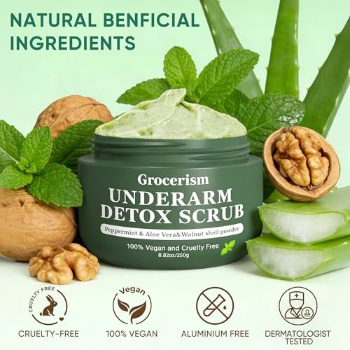 Armpit Detox Scrub & Underarm Exfoliator - Walnut Shell, Menthol & Aloe Vera Body Scrub for Odor, Deodorant Buildup, and Dark Spots - Moisturizing Formula for Sensitive Skin, Vegan 8.8 oz Avelisse