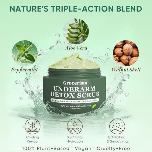 Armpit Detox Scrub & Underarm Exfoliator - Walnut Shell, Menthol & Aloe Vera Body Scrub for Odor, Deodorant Buildup, and Dark Spots - Moisturizing Formula for Sensitive Skin, Vegan 8.8 oz Avelisse