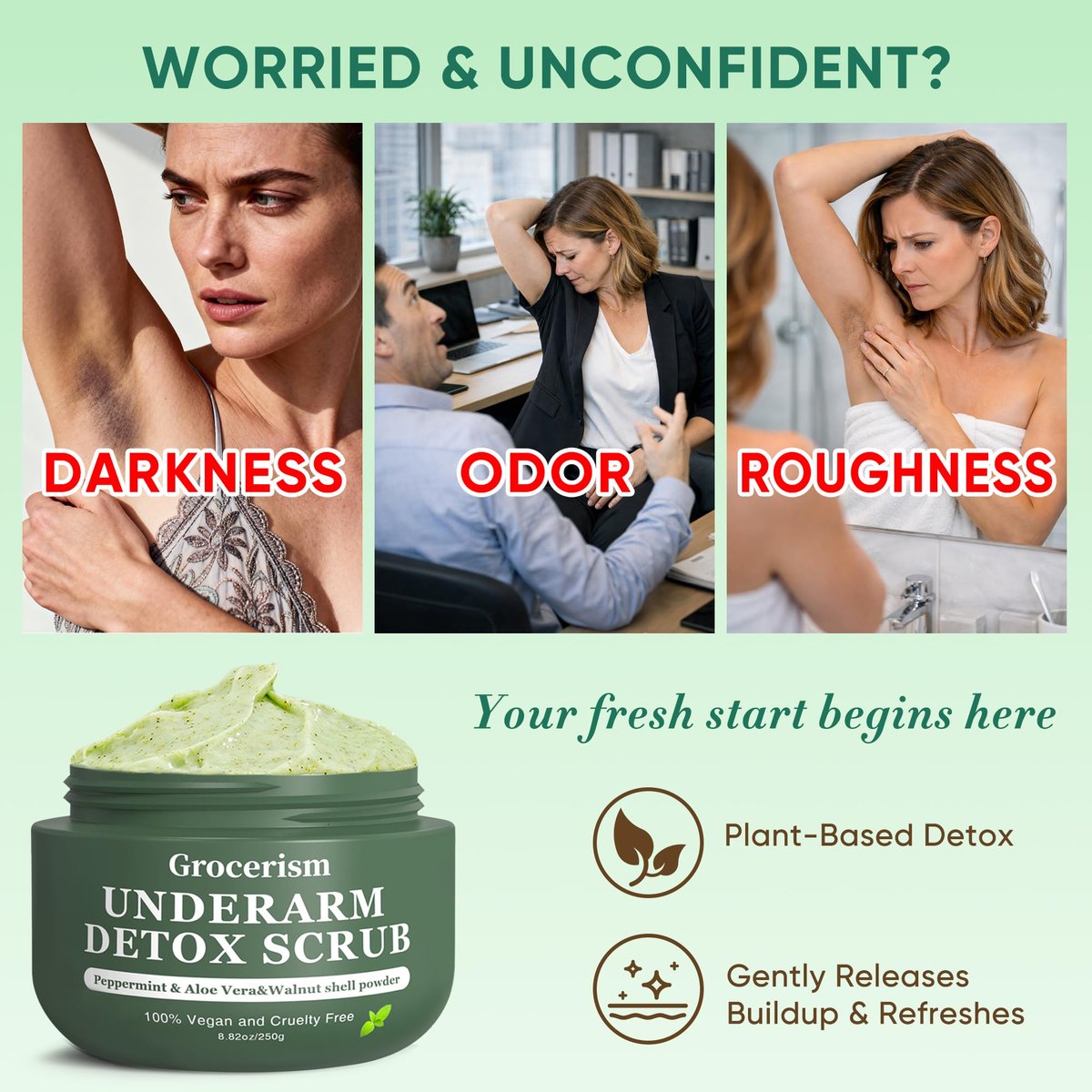 Armpit Detox Scrub & Underarm Exfoliator - Walnut Shell, Menthol & Aloe Vera Body Scrub for Odor, Deodorant Buildup, and Dark Spots - Moisturizing Formula for Sensitive Skin, Vegan 8.8 oz Avelisse
