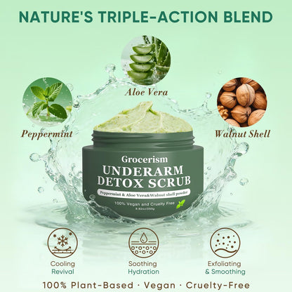 Armpit Detox Scrub & Underarm Exfoliator - Walnut Shell, Menthol & Aloe Vera Body Scrub for Odor, Deodorant Buildup, and Dark Spots - Moisturizing Formula for Sensitive Skin, Vegan 8.8 oz Avelisse