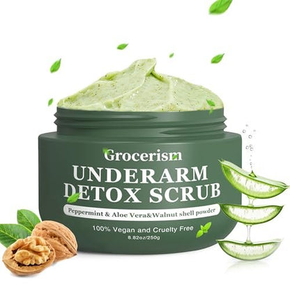 Armpit Detox Scrub & Underarm Exfoliator - Walnut Shell, Menthol & Aloe Vera Body Scrub for Odor, Deodorant Buildup, and Dark Spots - Moisturizing Formula for Sensitive Skin, Vegan 8.8 oz Avelisse