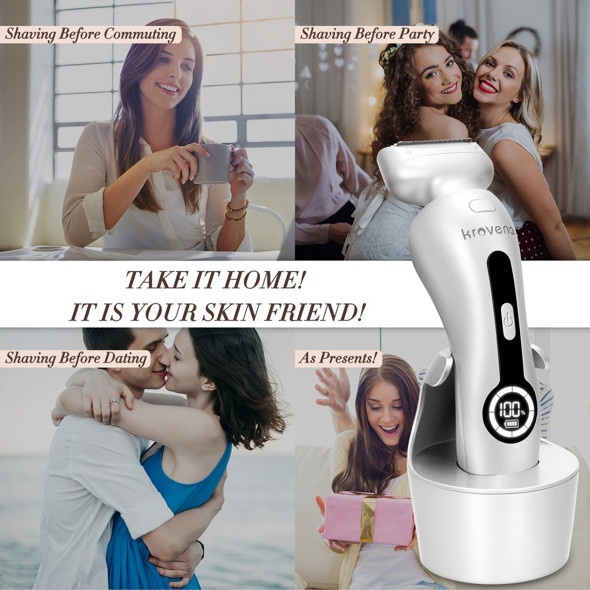 Krovena Electric Shaver for Women – Rechargeable Bikini Trimmer for Legs, Underarms & Bikini Line, Wet/Dry Cordless Razor with Detachable Head Avelisse