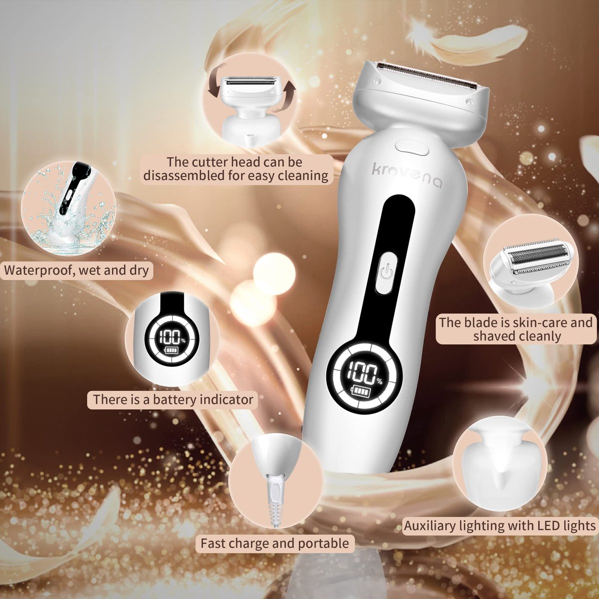 Krovena Electric Shaver for Women – Rechargeable Bikini Trimmer for Legs, Underarms & Bikini Line, Wet/Dry Cordless Razor with Detachable Head Avelisse